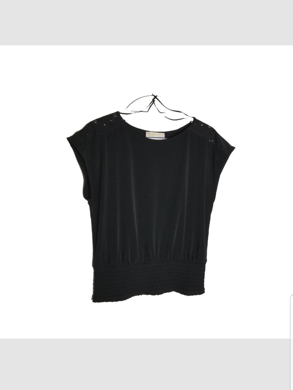 Michael Kors Top Women's Medium Black Ruched Waist Embroidered Shoulders Blouse